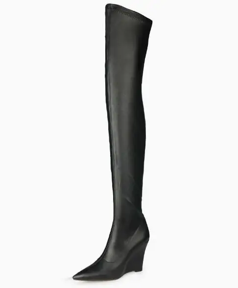 New Ladies Apricot Red Green Soft Leather Pointed Toe Slim Wedges Over The Knee Boots Women Fashion Stretch Thigh Long Boots