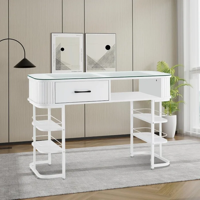 Modern Minimalist Manicure Table, Acetone-Resistant Nail Tech Desk with Glass Top, Beauty Stylist Equipment with Storage