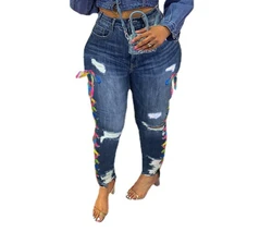 High Waist Fashion Side Tie Casual Ripped Denim Trousers Ladies Jeans Women's Clothing