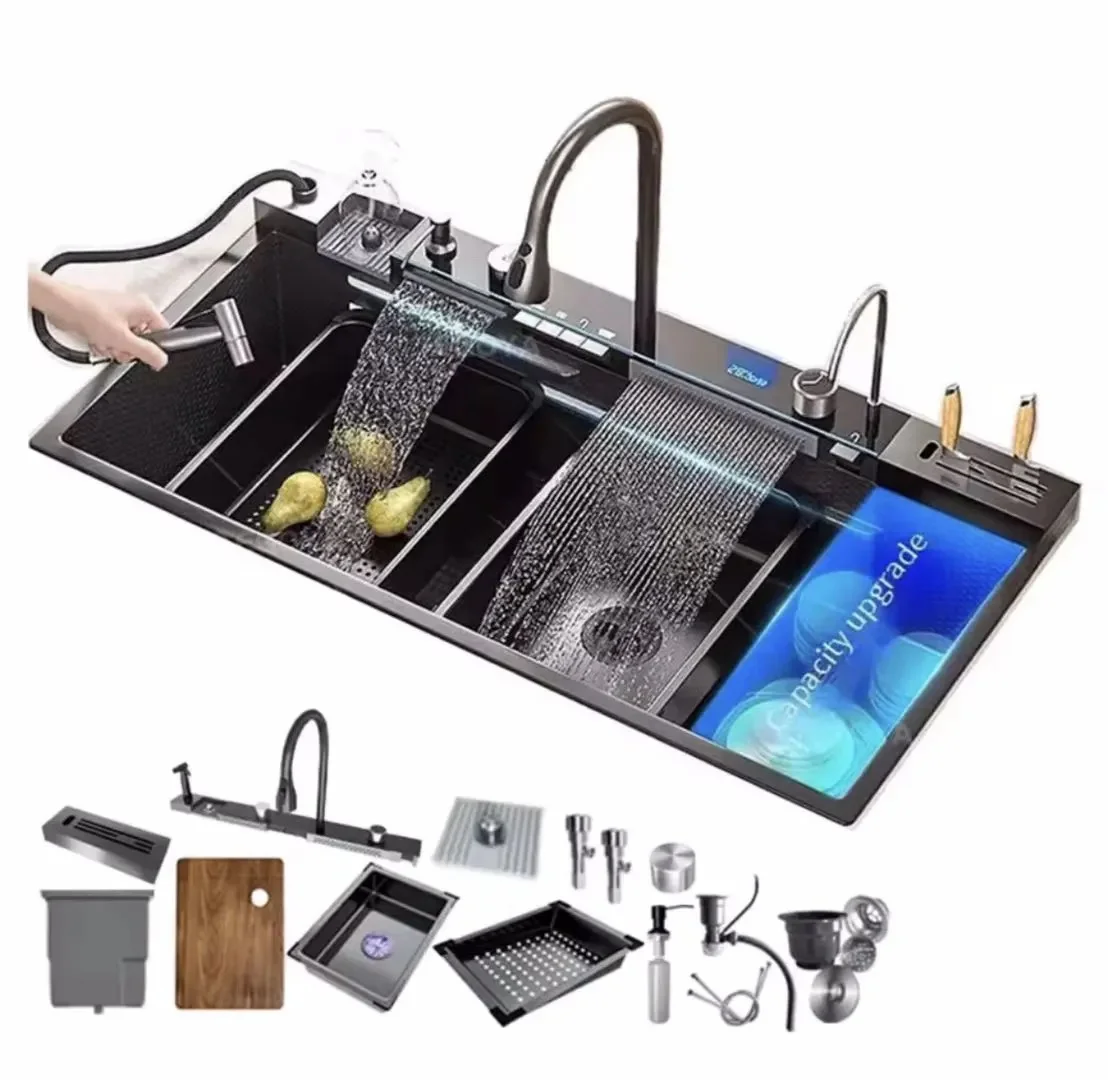 304 Stainless Steel Multifunctional Kitchen Sink - Integrated With Waterfall Faucet Pull-Out Sprayer & Accessories Set