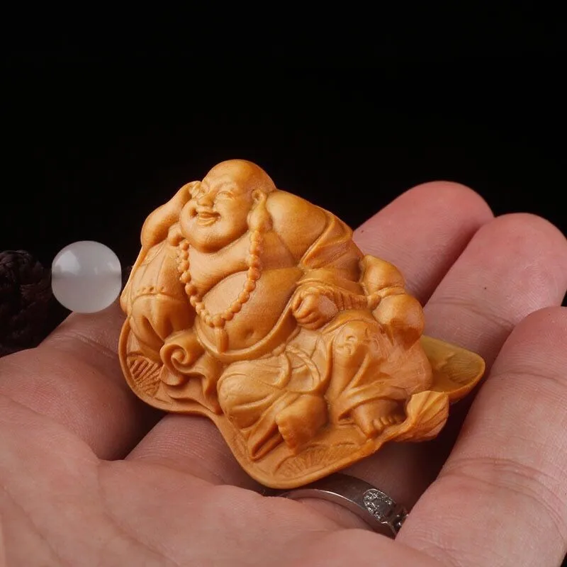 New Cypress Wood Maitreya Buddha Carving Pendant Figurine Car Decor Men Gift