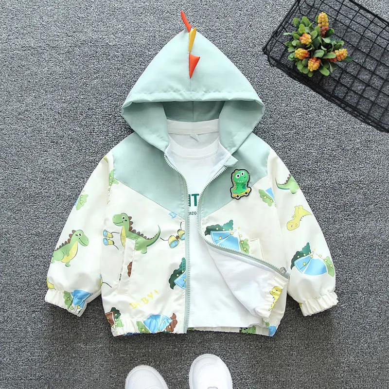 Spring Autumn Baby Boys Coats Full Print Cartoon Dinosaur Splicing Hooded Windbreak For 1-6 Years Kids Handsome Outwear