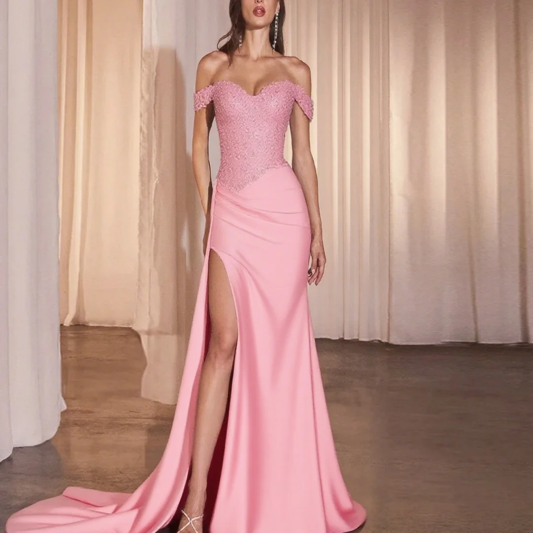 

Customize charming mermaid evening dress with off-the-shoulder floral pattern, formal evening dress for ladies