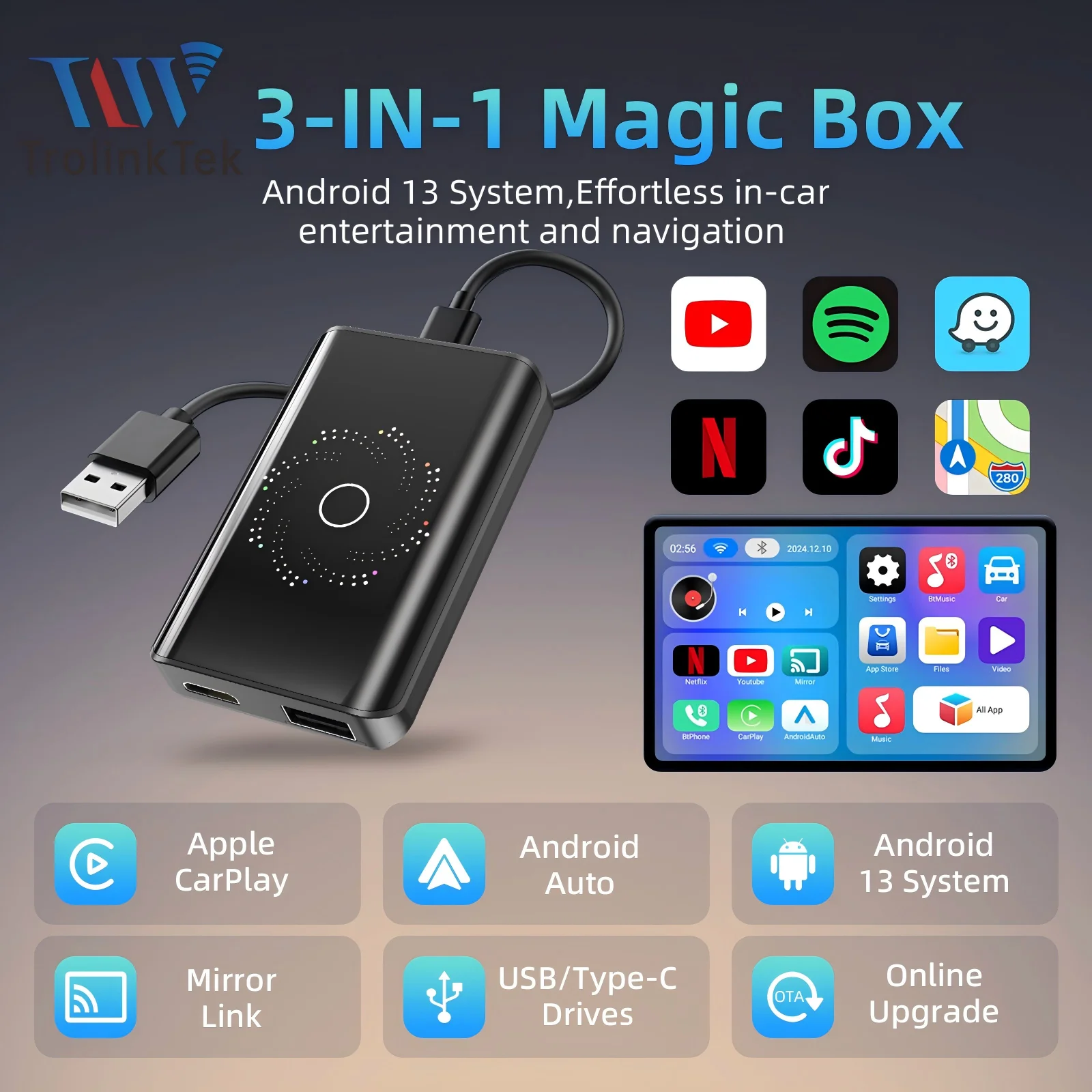 Carplay AI Box Android 13 Wireless Android Auto Smart TV Box For Youtube Netflix Toyota Mazda Hyundai Haval GMC Ford MG VW Kia