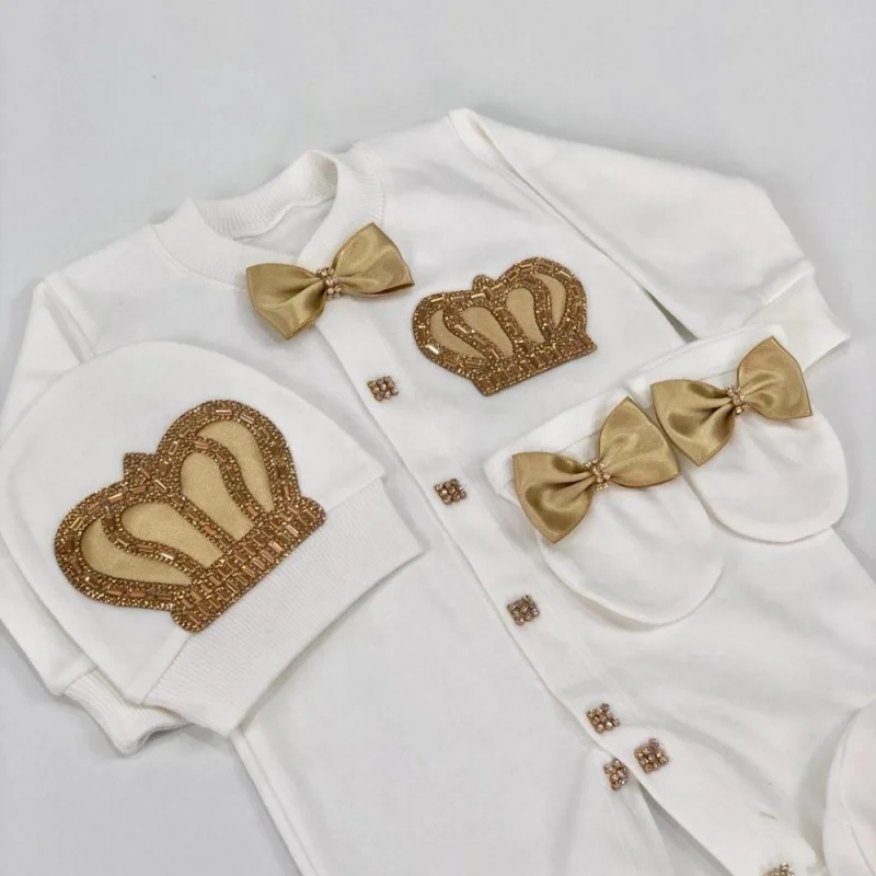 Luxury Champagne Gold Crown Baby Romper Set 0-9M Newborn Footed Bodysuit with Hat & Mittens Baby Shower Gift