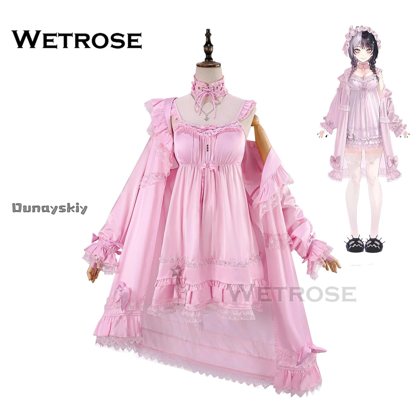 In Stock Hololive EN Vtuber Shiori Novella Nightwear Cosplay Costume Pink Skirts Women Lace Bow Lolita Pajamas Halloween DressUp
