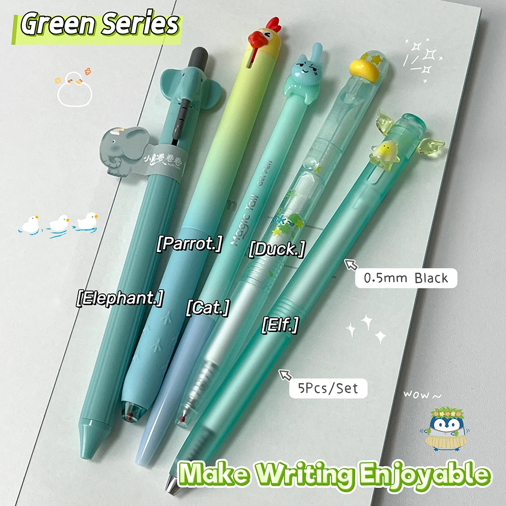 

5Pcs/Set Fun Animal Gel Pen 0.5mm Cute Pet Quick-Dry Pen Cat Duck Parrot Elephant Green Style Black Pen For Study & Office Use