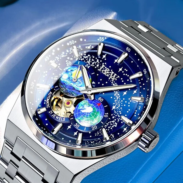 

I&W Men Automatic Watch 41mm Luxury Mechanical Wristwatch 50m Waterproof Luminous Sapphire Small Earth Second Dial Skeleton