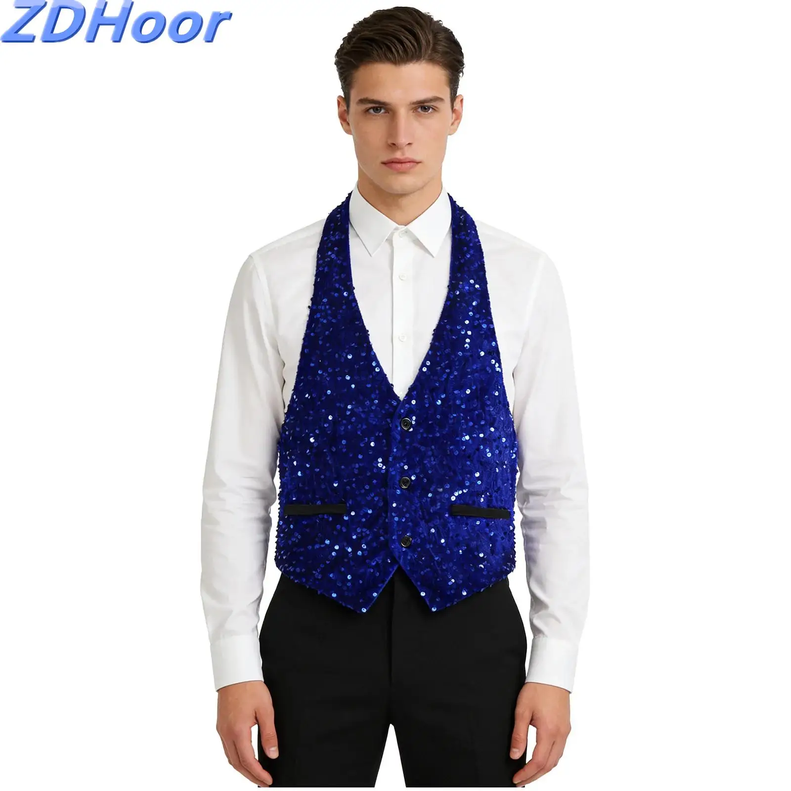Mens Glittery Sequined Velvet Waistcoat Top Halter V Neck Front Button-down Backless Vest Tank for Cocktail Party Dance Prom