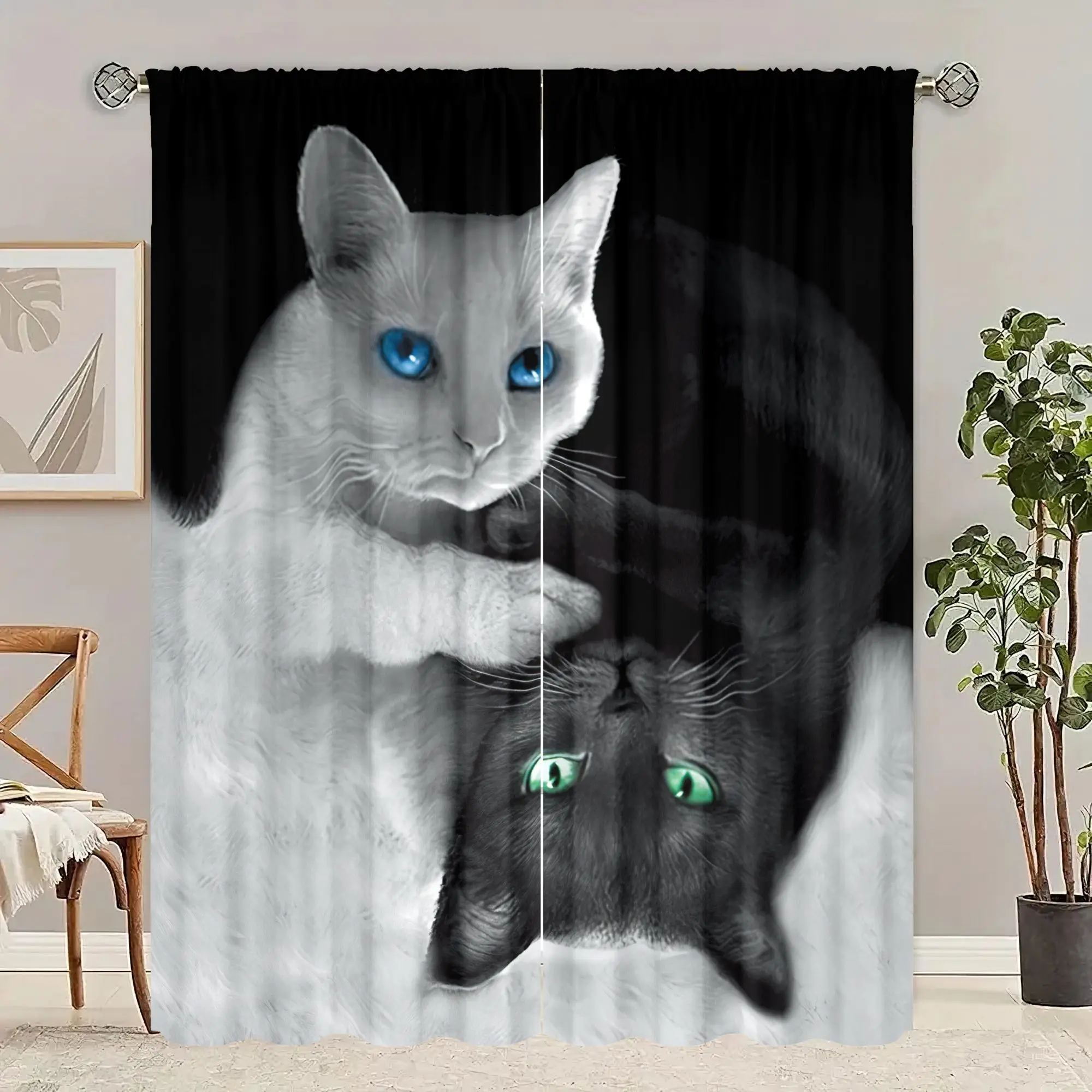 2 pieces - Cat - printed curtain - Polyester material - suitable for bedroom living room study privacy curtain