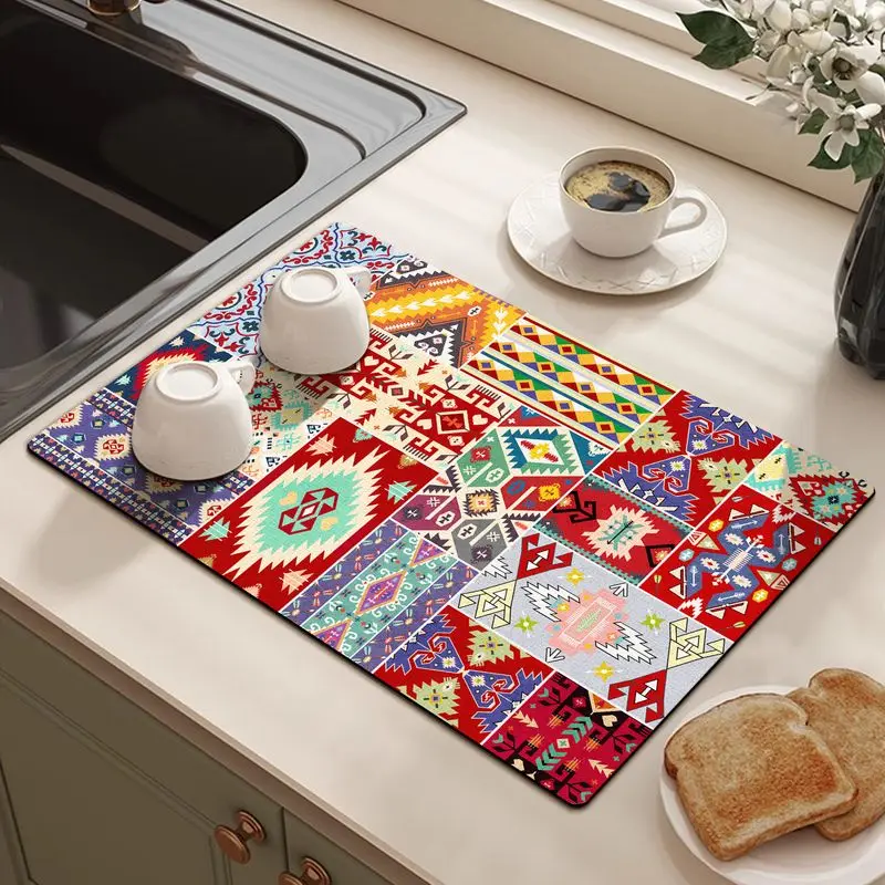 VIKAMA Ethnic Dish Rack Mat Geometric Patchwork Tribal Pattern Absorbent Quick Dry Mat Kitchen Countertop Sink Home Decor