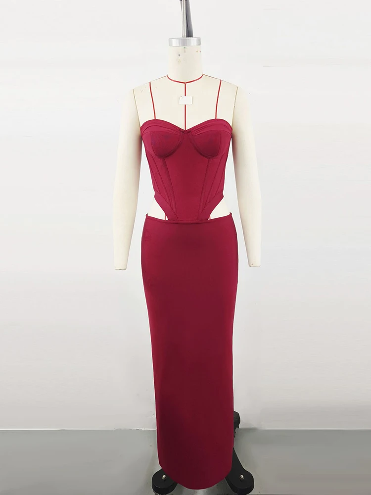 Vestido Bandage calado sin tirantes para mujer, vestido Sexy rojo vino sin mangas con espalda descubierta, vestidos ceñidos recortados, vestidos de fiesta para Club de celebridades