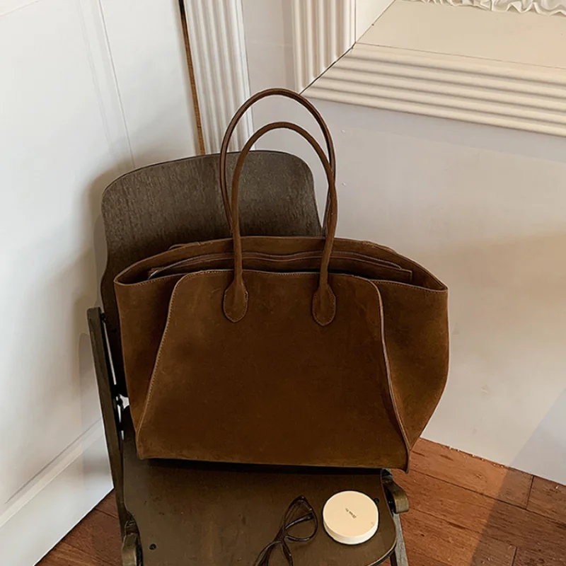 Brand Dark Suede Tote Bag Women Briefcase Storage Large Capacity Shoulder Handbag Leisure Soft Underarm Commuter Shopping Bag