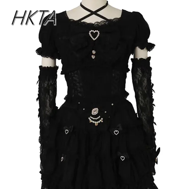 DY20Japanese Sweet Heavy Industry Splicing Sleeve Strap Lace Bow Lace Shirt Summer Autumn New Elastic Slim Long-sleeve Tshirt To