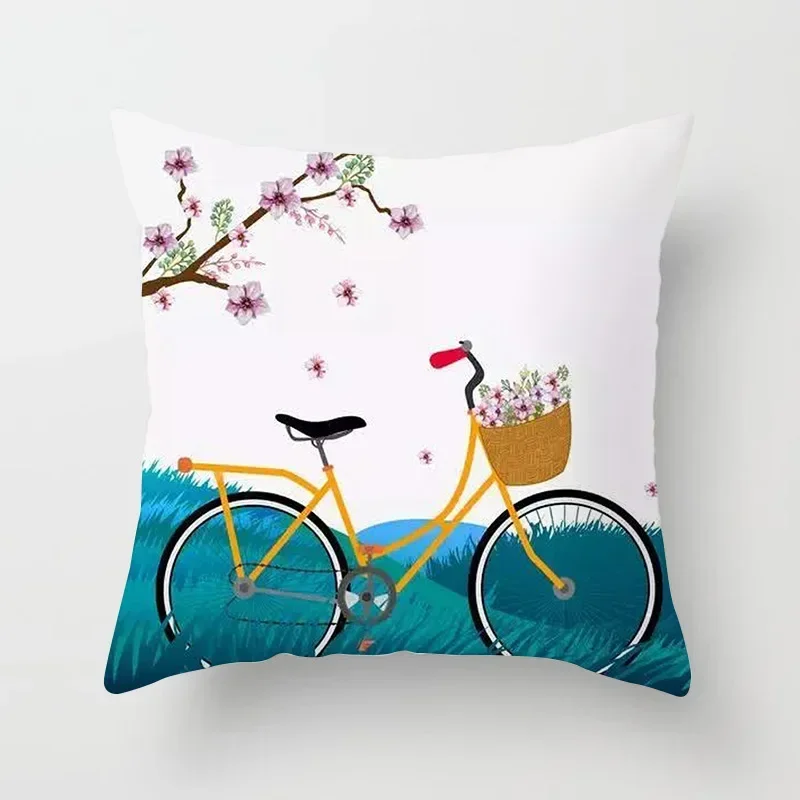 Home Decor Cushion Cover Living Room Bedroom Decor Polyester Pillowcase Flower Bicycle Print Pillowcase funda de almohada