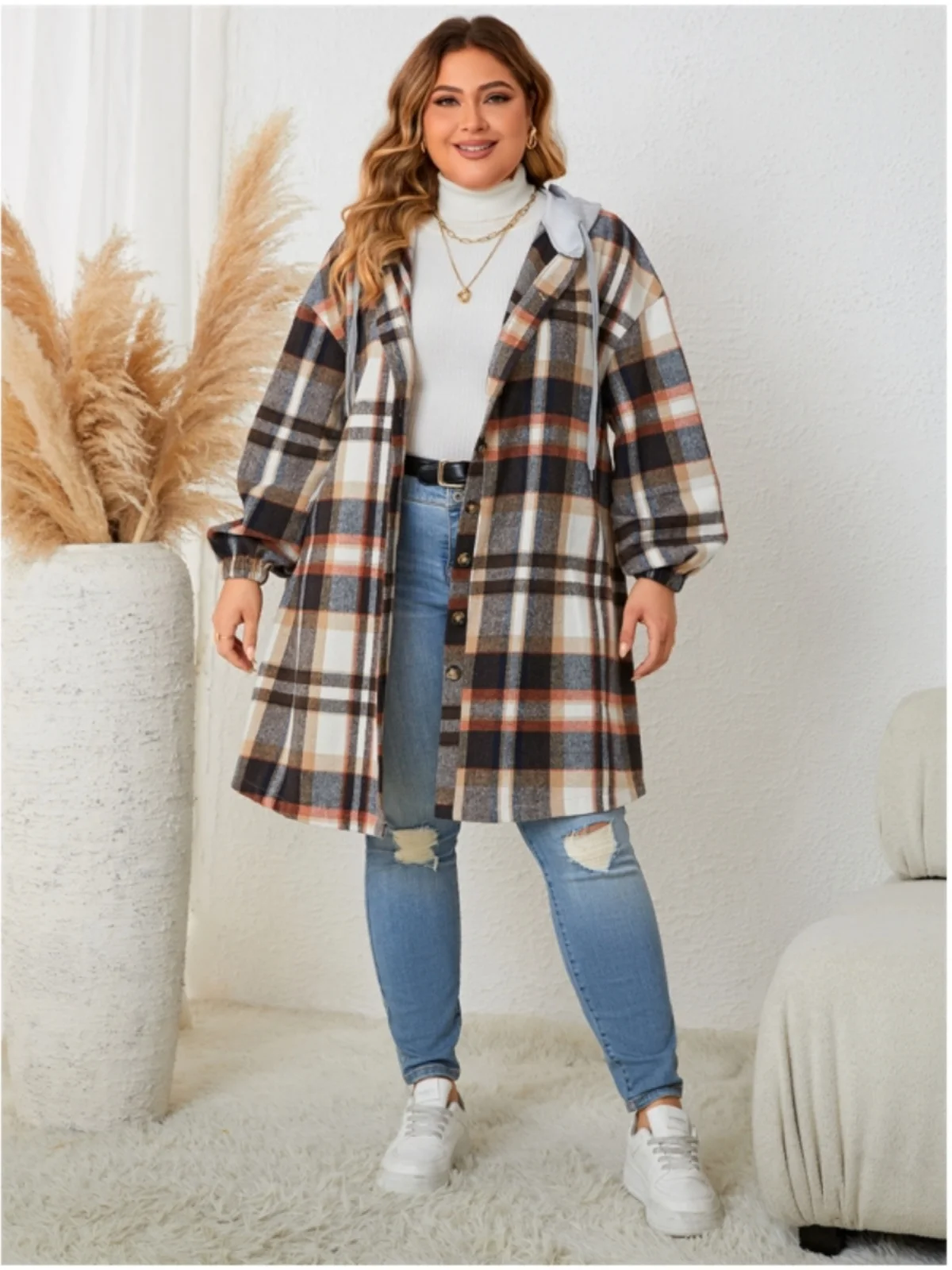 

XL4XL Women's Hooded Coat Casual plus Size Street Sle Long Top with Belt Polyester Material Long Sve Button Closure