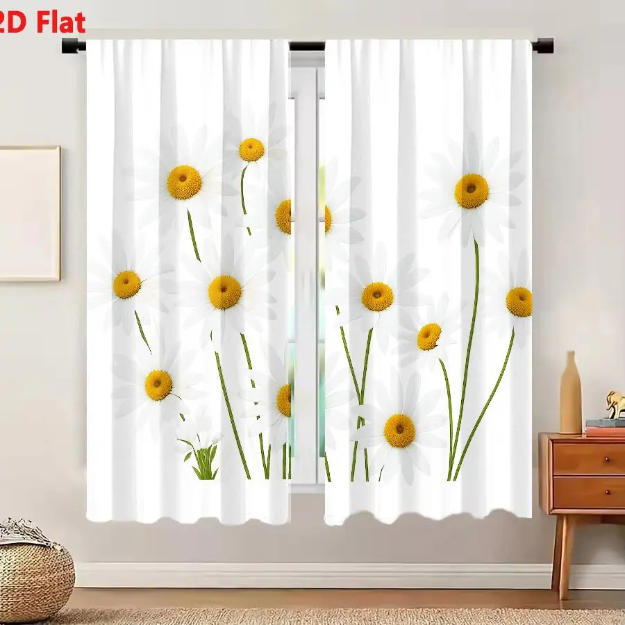 2Pcs Curtains 2D Flat Daisy Flowers With White Petals And Yellow Centers On Plain Background Window Drapes for Bedroom Room Deco