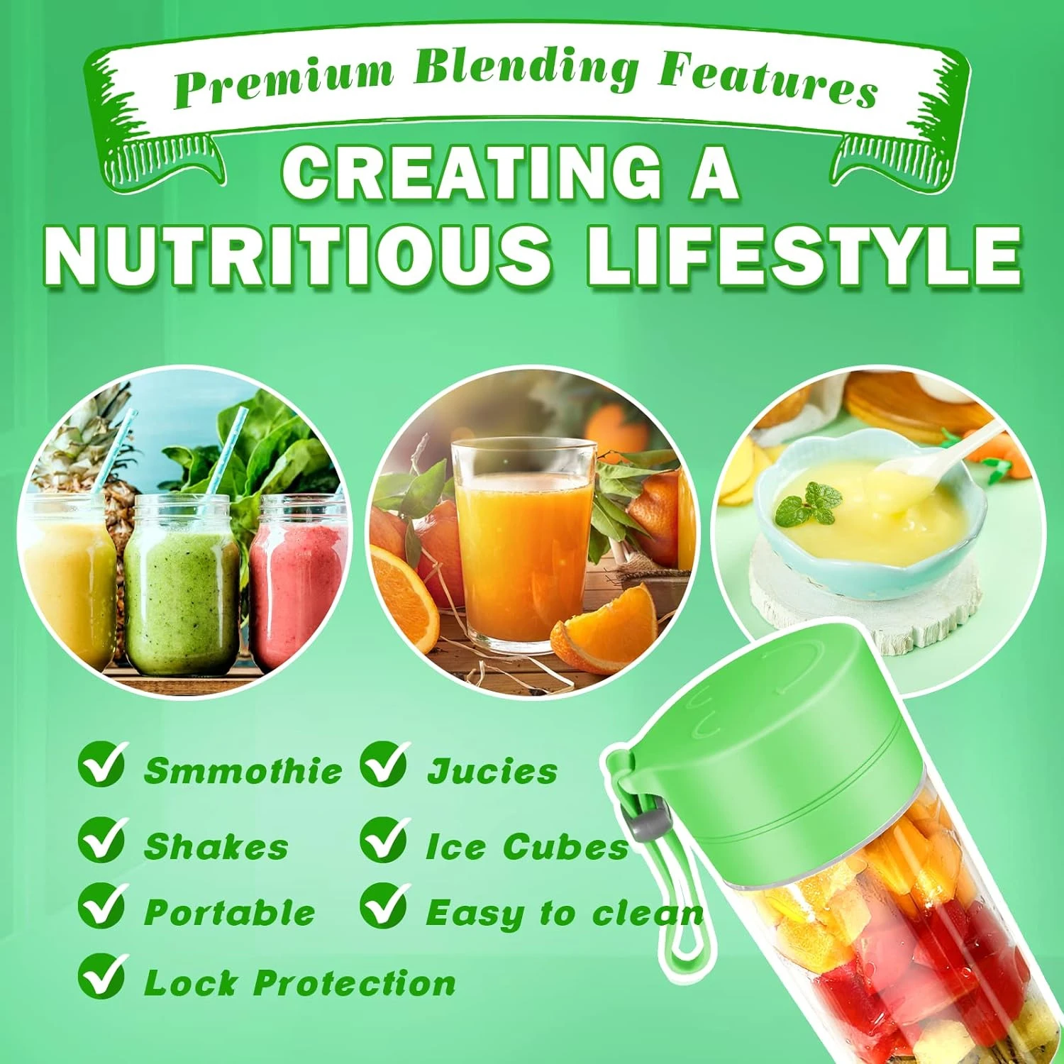 Green Mini Portable Blender with One-Touche Operation, USB Rechargeable, 6 Stainless Steel Blades - Handheld Personal Size for S