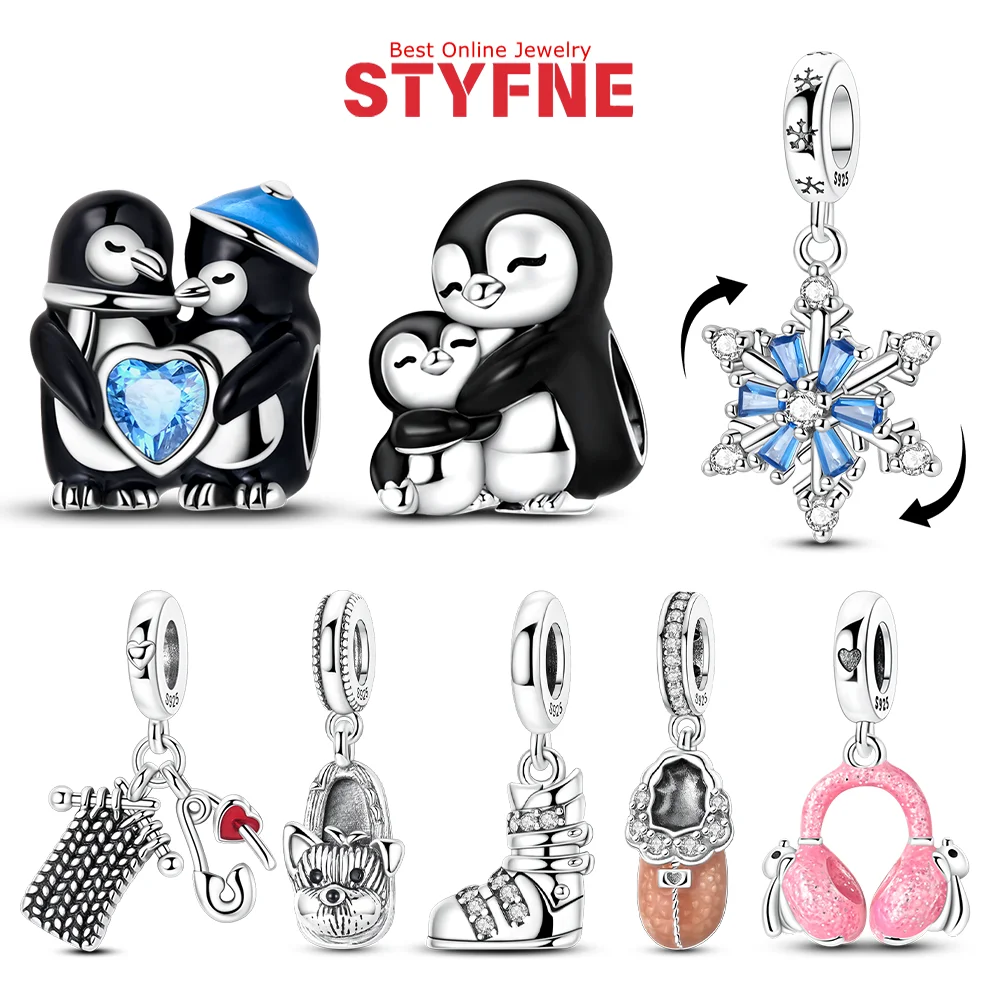 

S925 Серебро Зимняя серия Подвески Пингвин Синий Циркон Вращающийся Снежинка Плюшевые Тапочки Бусины Подходит Браслеты Изготовление Ювелирных Изделий Подарки