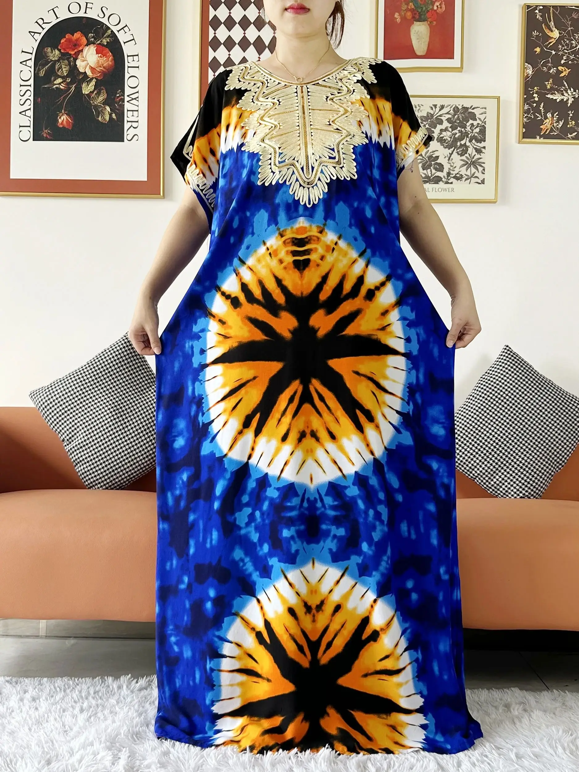 2024 Summer African Lady\'s Short Sleeve Abaya Dashiki Tie-dry Cotton Sequins Floral Printing Loose Caftan Dress Casual Vestido