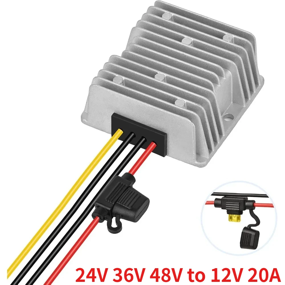 DC to DC 24V 36V 48V Step Down to 12V 20A 240W Converter Golf Cart Voltage Reducer Regulator Waterproof Transformer with Fuse