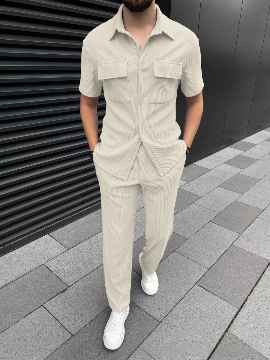 Men's Spring Summer Corduroy Short-Sleeved Shirt And Long Pants Set Casual Lapel Button Pocket Fashionable Two-Piece Outfit