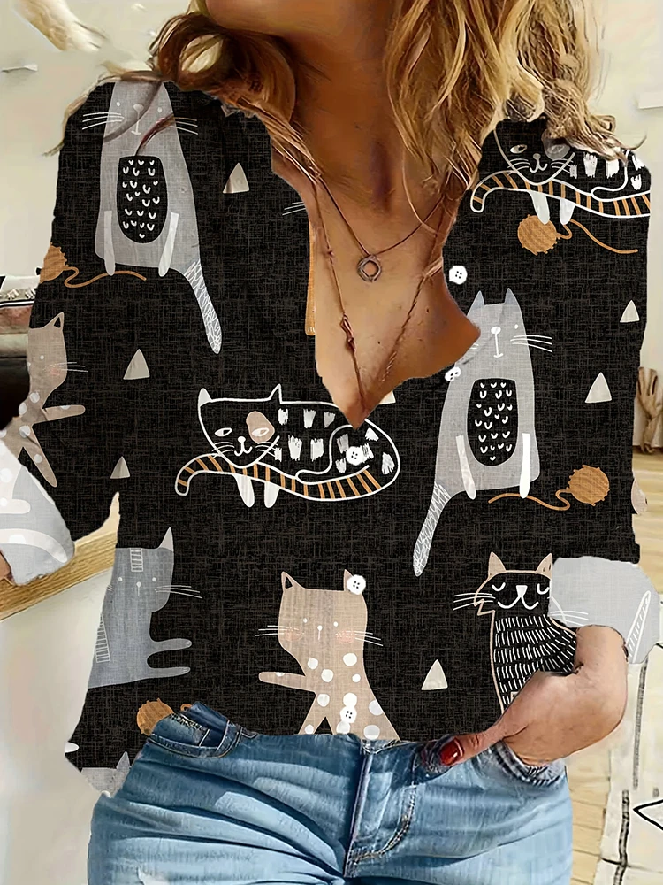 Urban Street Fashion Trend Veelzijdige damestop, zwart-wit kleurblokken, casual damesshirt met bloemenprint en lange mouwen