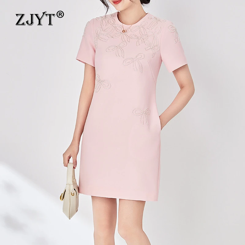 

ZJYT Women's Beading Bow Pink Dress Short Sleeve Simple Party Dresses Elegant Loose Waist Casual Vestidos Feminino 2024 Summer