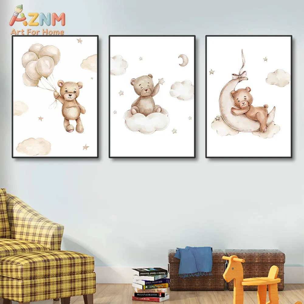 3PCS Watercolor Teddy Bear Moon Cloud Balloon Canvas Wall Art Set Nursery Prints Unframed Baby Room Decor Posters