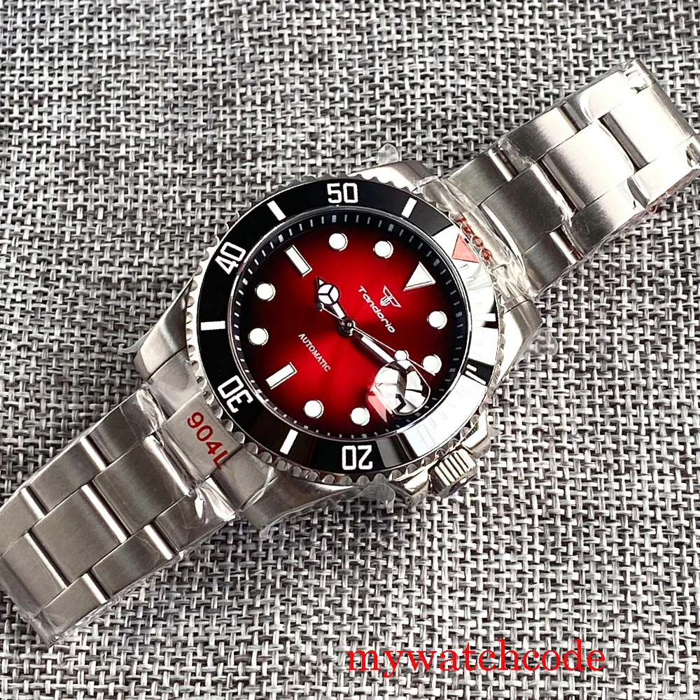 40mm Tandorio marka NH35AA czerwona tarcza szafirowy kryształ świecący automatyczny męski zegarek bransoletka z ostrygami