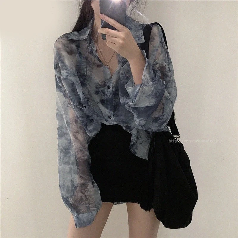 Harajuku Women Tie Dye Chiffon Shirts Korean Fashion Loose Sunscreen Long Sleeve Tops Summer Casual All Match Female Y2K Shirts