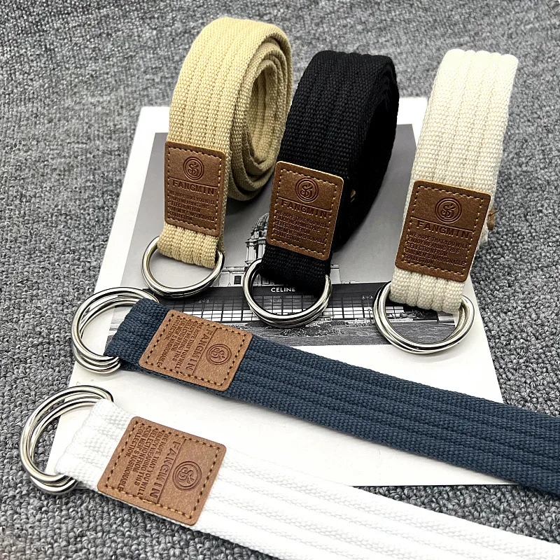 Solid Color Canvas Unisex Belt Alloy Double Ring Buckle Multicolor Woven Women's Belt Campus Youth Boy Girl Waistband Wholesale