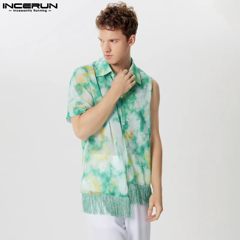 INCERUN Men Irregular Shirt Tie Dye Tassel Patchwork Lapel Irregular Sleeve Men Clothing Streetwear 2024 Loose Fashion Camisas