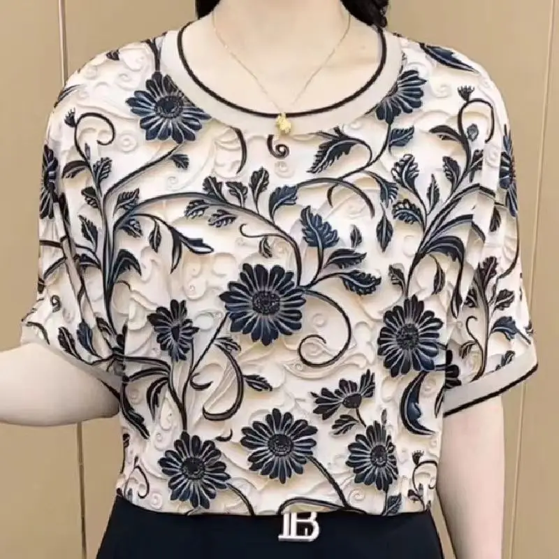 Women Summer Fashion Trend Loose Printing O-neck Short Sleeve Chiffon Shirts Women Clothes Simplicity All-match Appear Thin Tops