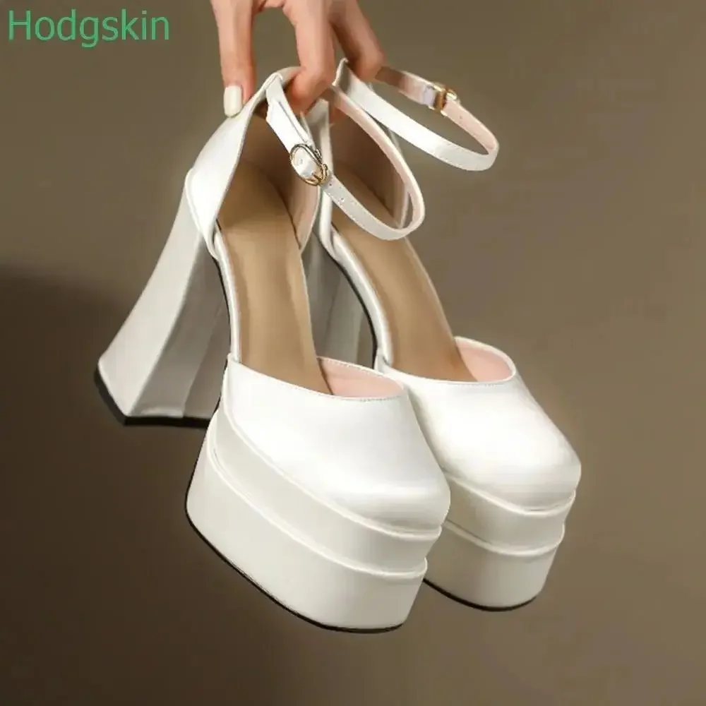 Platform Chunky Heel Wedding Women Shoes Square Toe Satin Shallow Ankle Strap High Heels Comfort Banquet Sandals 12cm/15cm Heel