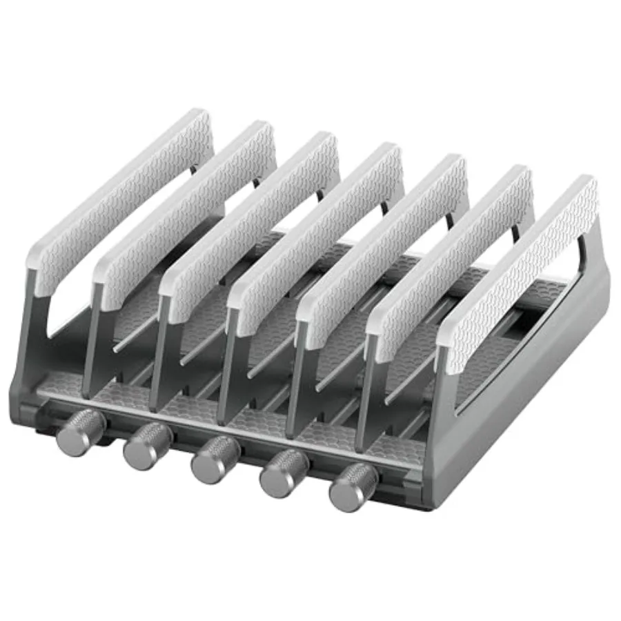 

6-Slot Vertical Laptop Stand Holder Adjustable Aluminum Laptop Stand for Desk, Grey, Space Saving Storage Rack for Up to 6 Devi