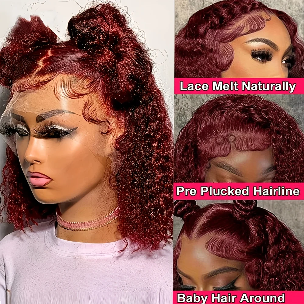 ​200% Density Short Bob Wigs 99J Burgundy Transparent 13x4 Lace Front Wigs Deep Curly Wave Brazilian Virgin Human Hair Bob Wigs