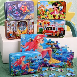 60pcs Jigsaw Cartoon Puzzle With Metal Box, Children's Early Education Animal Vehicle Puzzle, Parent-Child Interaction Game