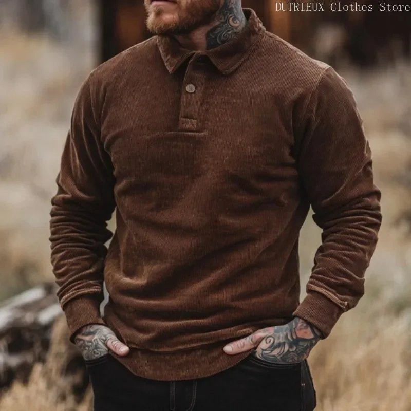 Autumn/winter New Men's Vintage Corduroy Polo Shirt Men's Long-sleeved Pullover Sweatshirt Business Casual Men's Brown Shirt Gym