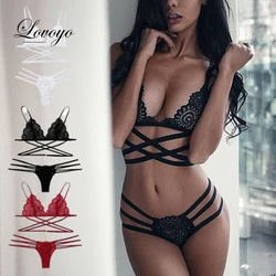 2024 Lace Women Sexy Bra Set Polyester Bandage Push Up Underwear Set Beauty Back Bra Erotic Thongs Costume Intimates Lingerie