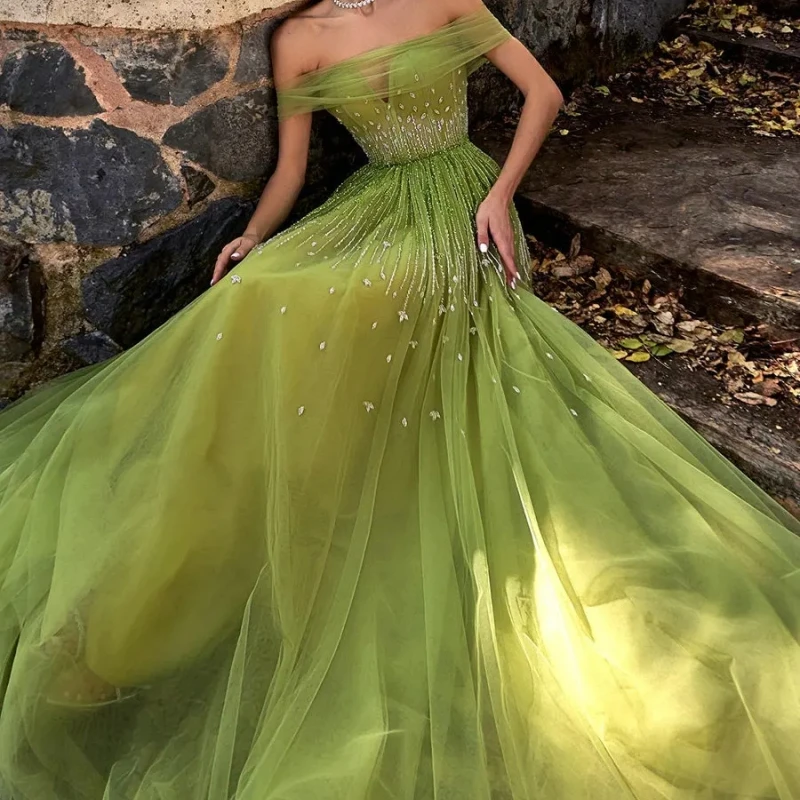 

Sage Green Off The Shoulder Dubai A-Line Evening Dress Illusion Crystal Beading Formal Party Wear Gown