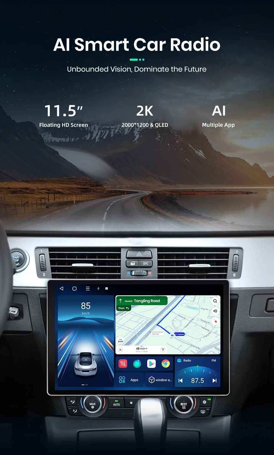 Junsun 11,5 Zoll QLED Touchscreen Universal-Autoradio, kabellos, für Apple CarPlay, Android Auto, Stereo-Multimedia-Videoplayer, intelligente Fahrzeugsysteme, 2-DIN-Autoradio, Head Unit, GPS-Navigation, BT, 4G, WLAN, 8-Kern-Prozessor, FM, AM, DSP, RDS, SWC, DAB – Detail 4