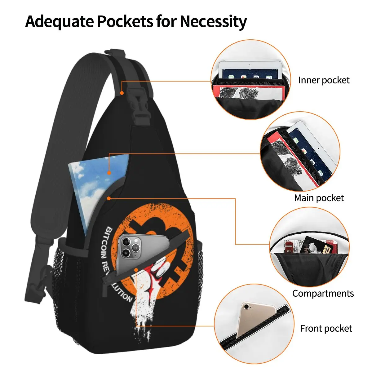 Crypto Bitcoin Sling Bag Chest Crossbody Shoulder Backpack Outdoor Hiking Daypacks Cryptocurrency Btc Blockchain Men Women Pack