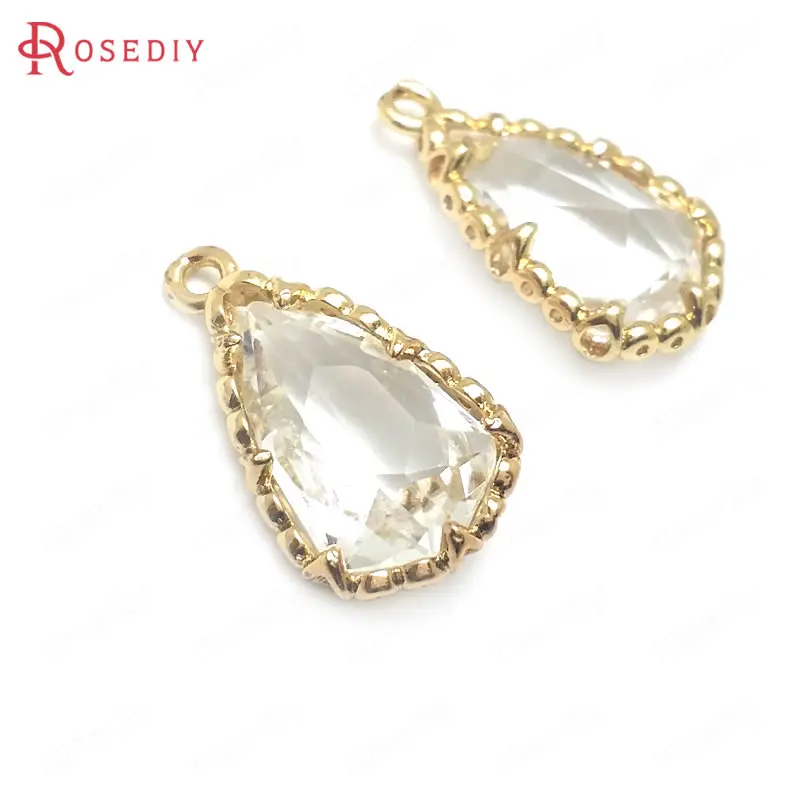 (C608)6 pieces 19x11mm High Quality Champagne Gold Color Brass with White Glass Drop Shape Charms Pendants Jewelry Accessories