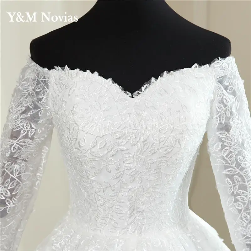 Vestido De novia De manga larga con cuello cuadrado o escote en V, blanco, hombros descubiertos, bordado personalizado, talla grande