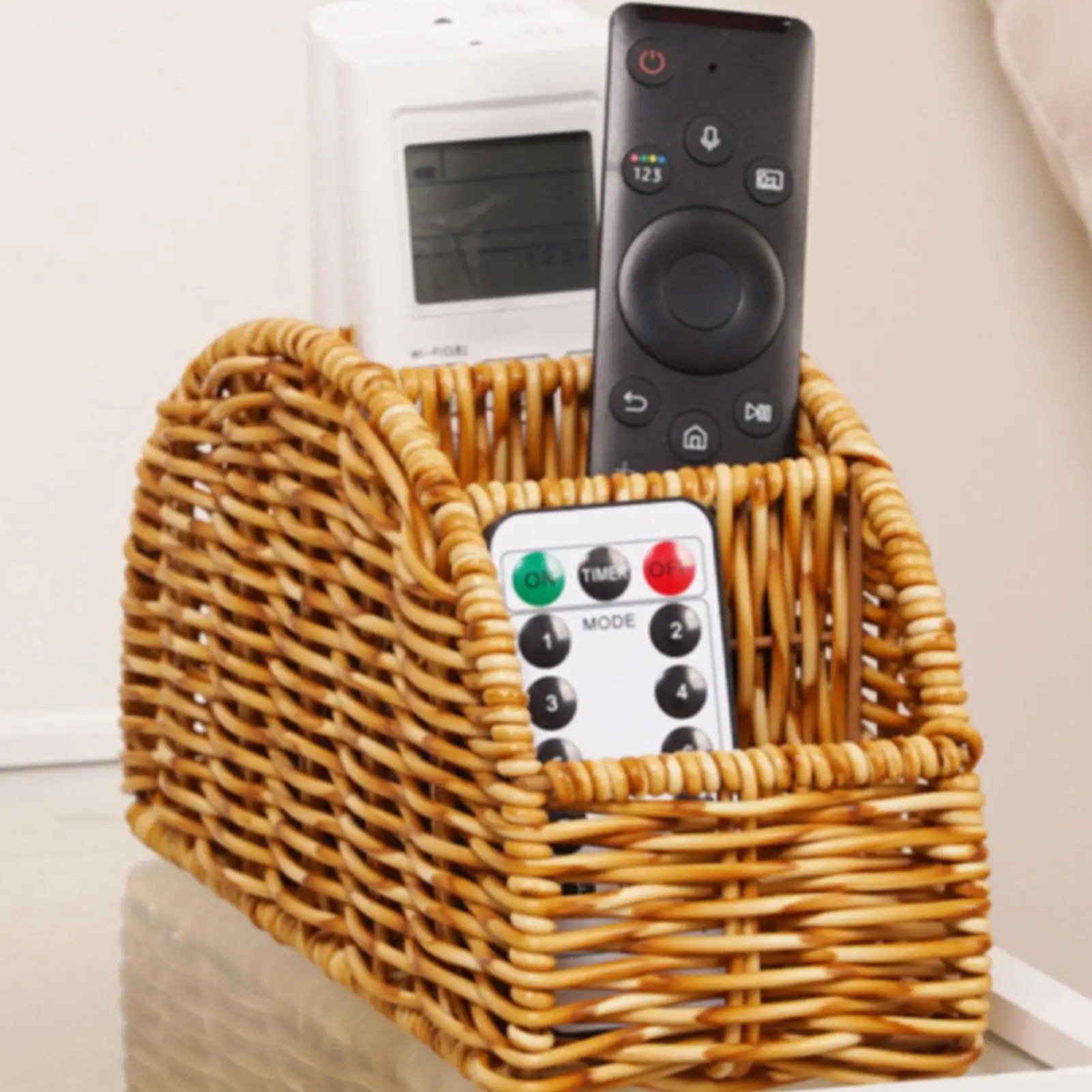 Imitation Rattan Remote Holder 4-Section Woven Desk Basket Natural Style TV Remote Organizer For Living Room Bedroom Coffee