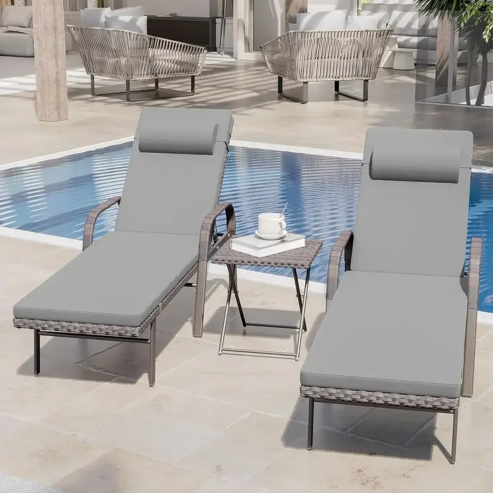 3-Piece Outdoor PE Rattan Chaise Lounge Set with Adjustable Backrest, Table, and Cushion - Grey