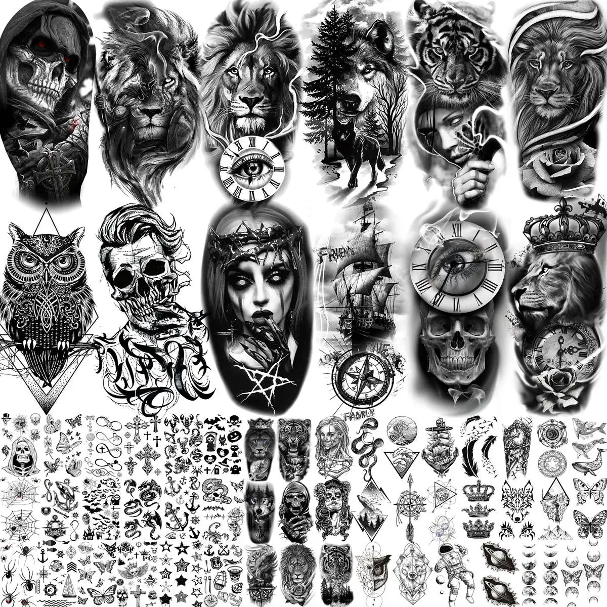 tatuagens-temporarias-de-caveira-preta-3d-para-homens-e-mulheres-duradoura-falsificacao-realista-coruja-lobo-leao-tigre-arte-corporal-59-folhas