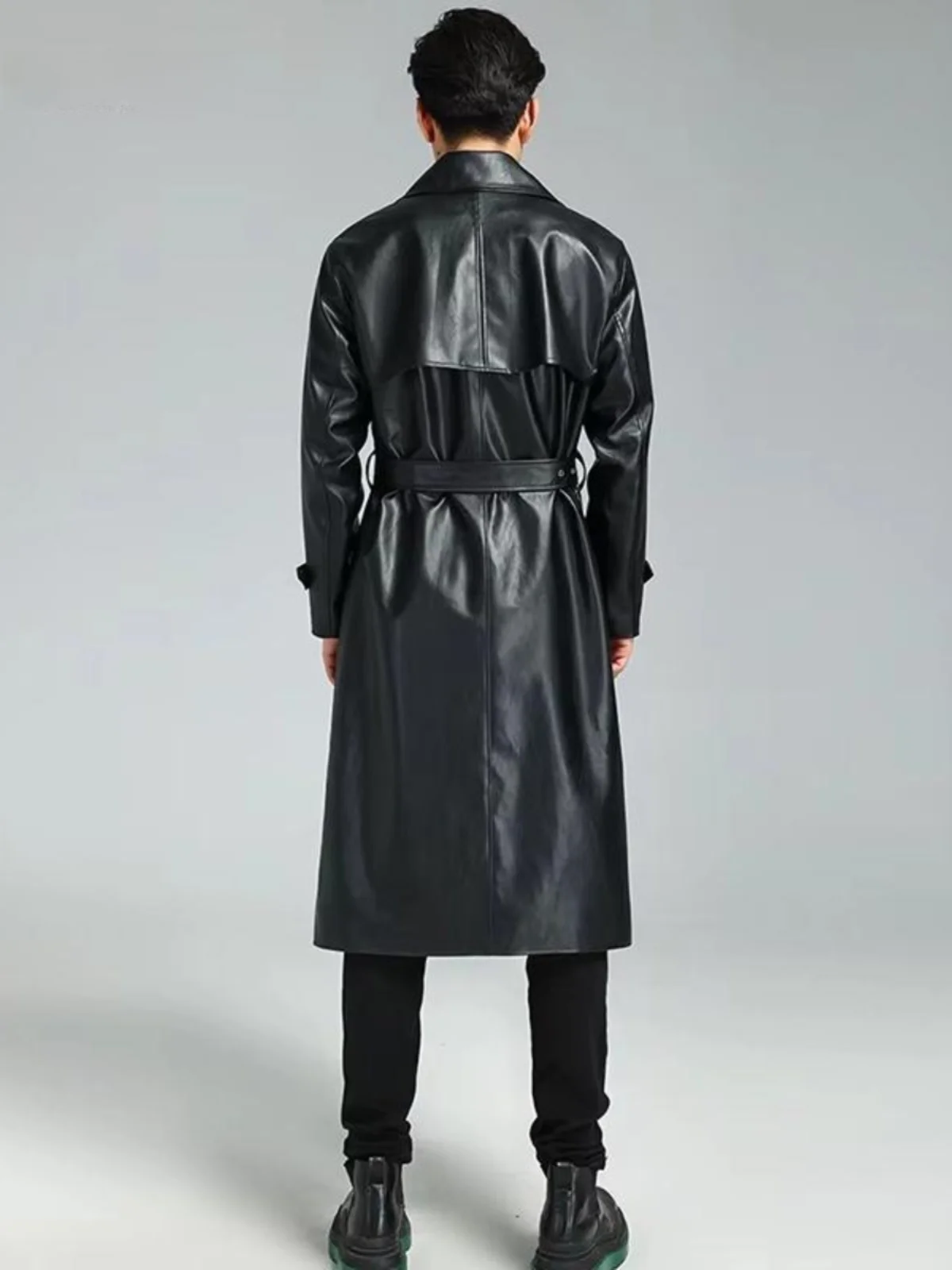 Nerazzurri Men's Long PU Leather Jacket Double Row Buttons Loose Casual Fashion Trendy Leather Windbreaker Black Leather Coat