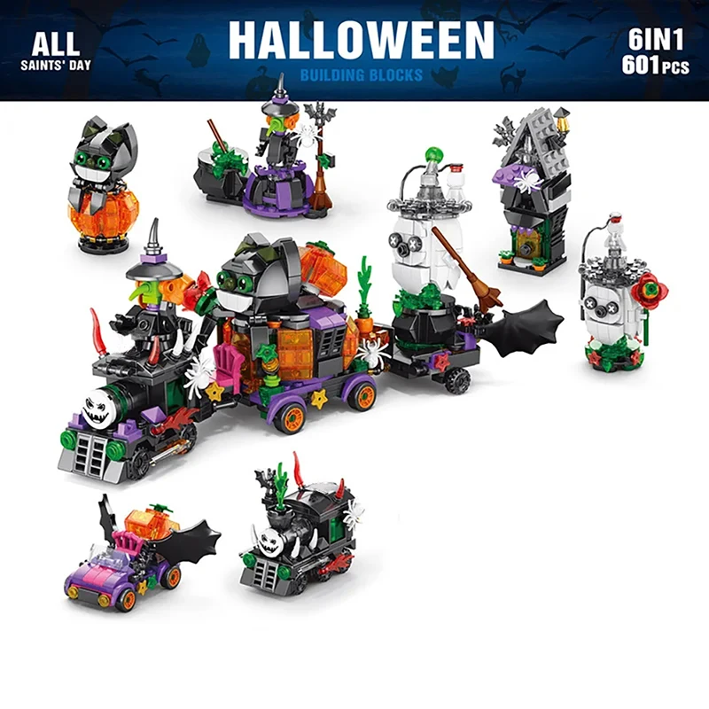 Halloween 6-in-1 bouwstenen set Spooky spookhuis Ghost Train Bricks speelgoed Halloween cadeau voor kinderen
